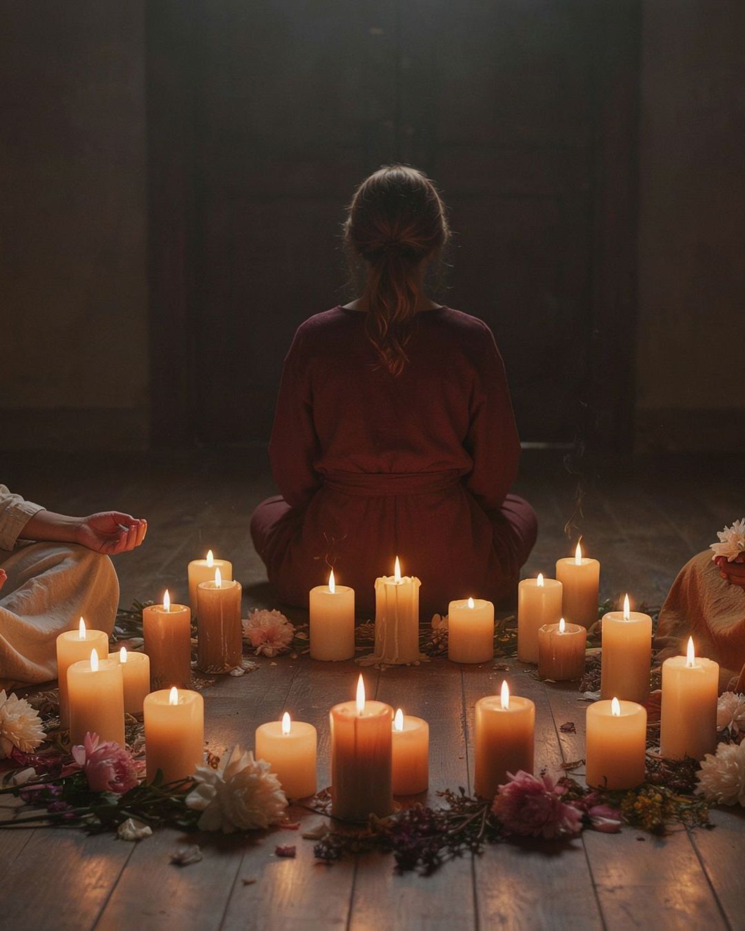 Mulher sentada em círculo de velas