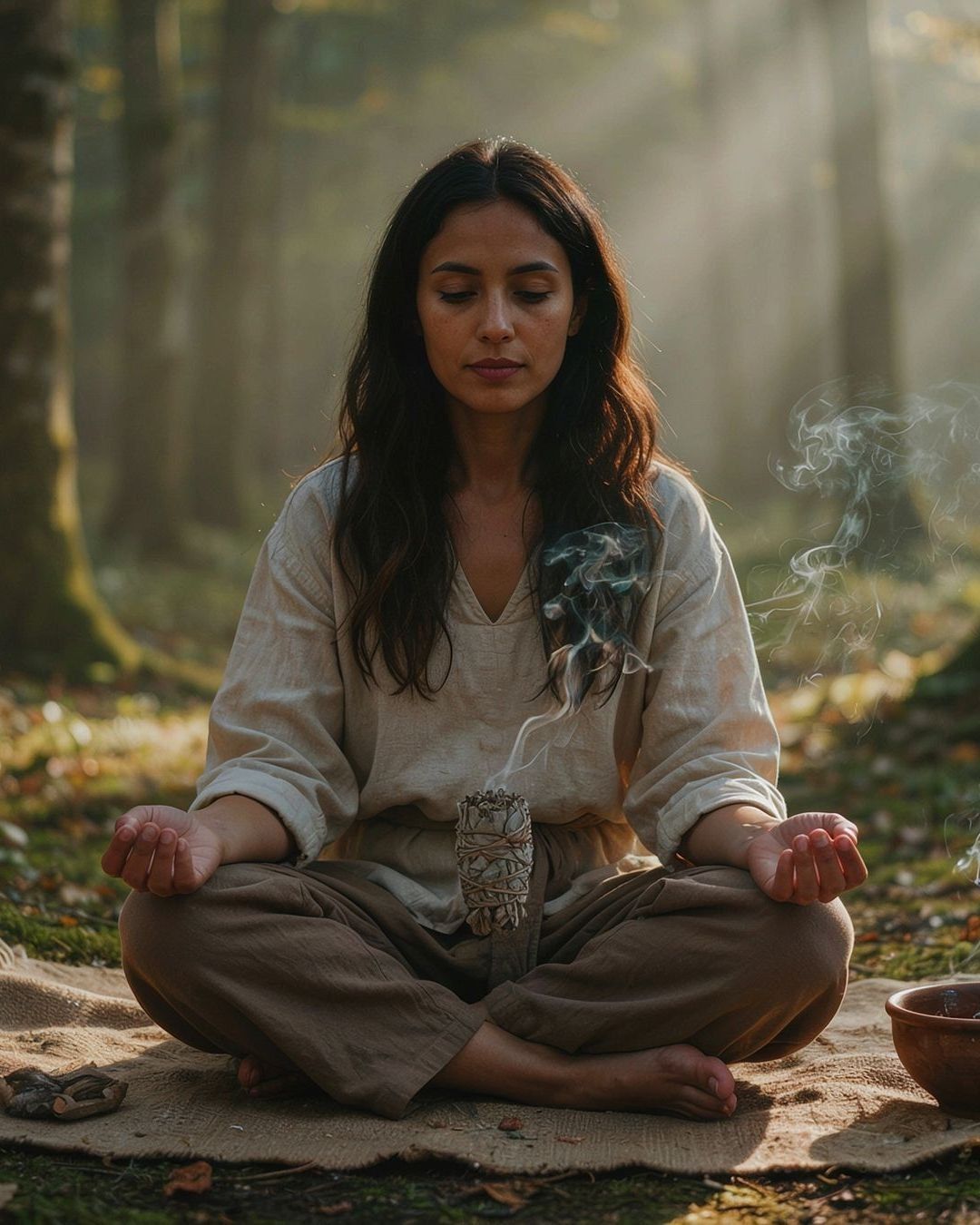 Mulher meditando em meio à natureza com fumaça de ervas