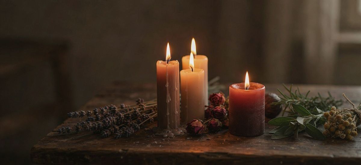 Velas acesas sobre altar com ervas